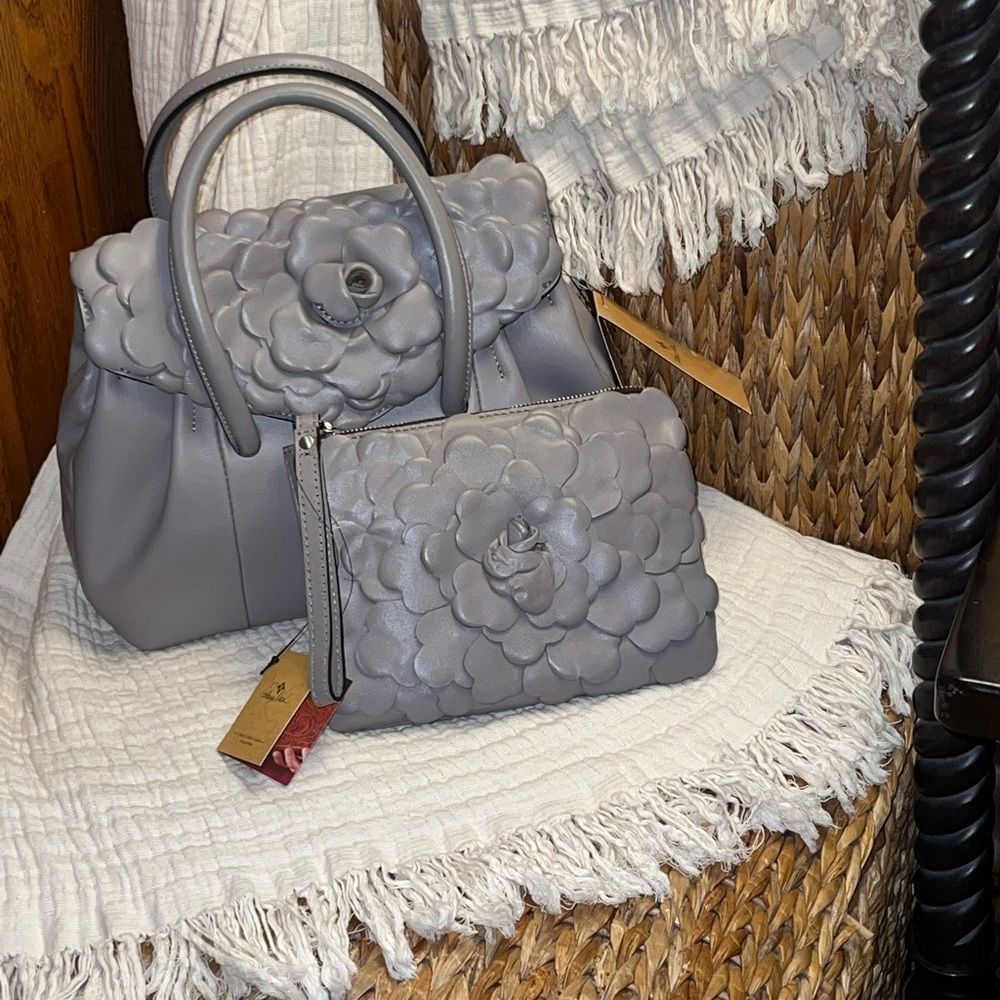 Patricia Nash Gray Notley Flower Satchel and Cassini wristlet set